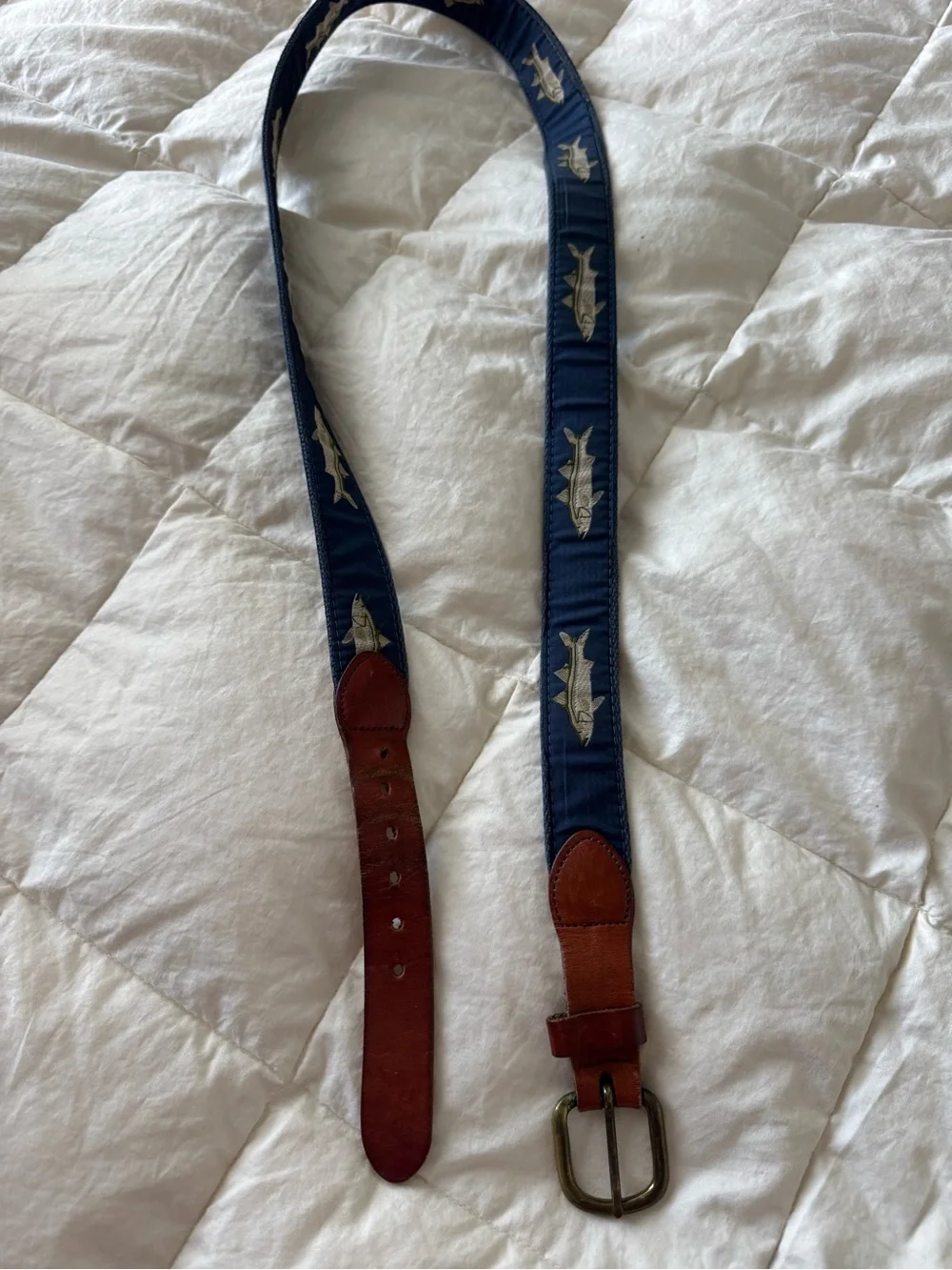Vintage Navy Fish Embroidered Belt with Leather Trim – Size 46
